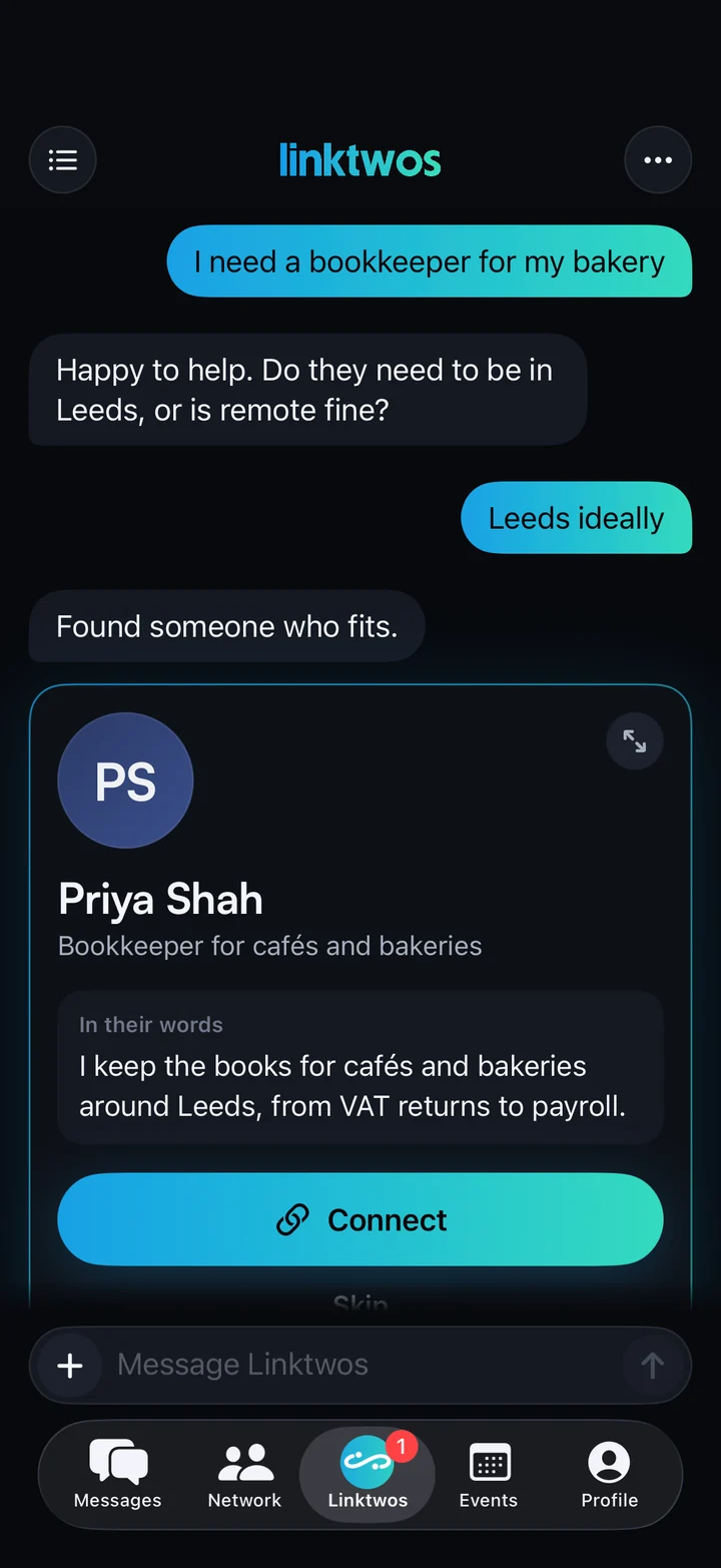 The Linktwos app. You say you need a bookkeeper for your bakery, Linktwos asks if they need to be in Leeds, you say Leeds ideally, and it introduces Priya Shah, a bookkeeper for cafés and bakeries, with Connect and Skip.
